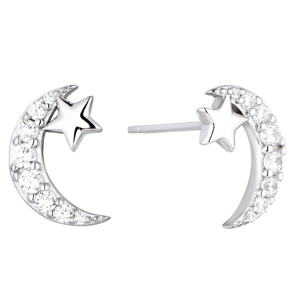 Kilkenny Silver Moon and Stars Silver Earrings CZ Stones Sterling silver moon and star stud earrings with clear coloured cubic zirconia stones.