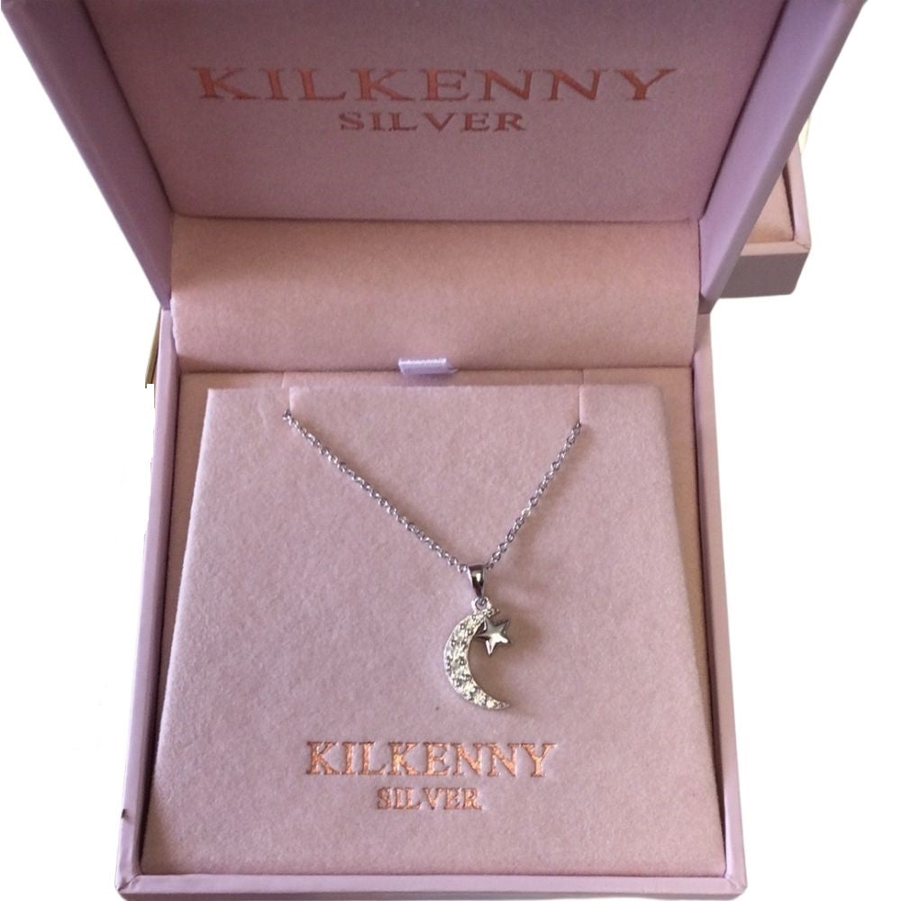 Kilkenny Silver Moon and Stars Silver Pendant  Sterling silver moon and star stud necklace with clear coloured cubic zirconia stones.
