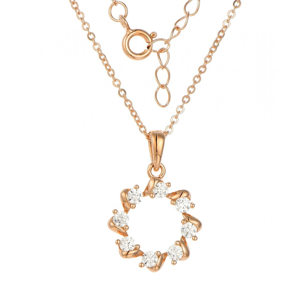 Kilkenny Silver Rose Gold Circle Necklace  Rose gold plated sterling silver necklace with clear coloured cubic zirconia stones.