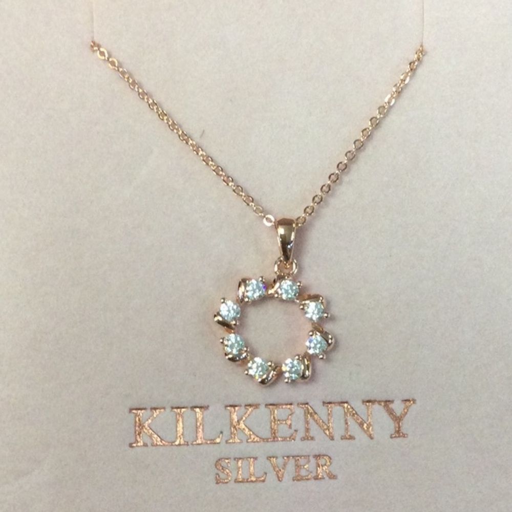 Kilkenny Silver Rose Gold Circle Necklace  Rose gold plated sterling silver necklace with clear coloured cubic zirconia stones.