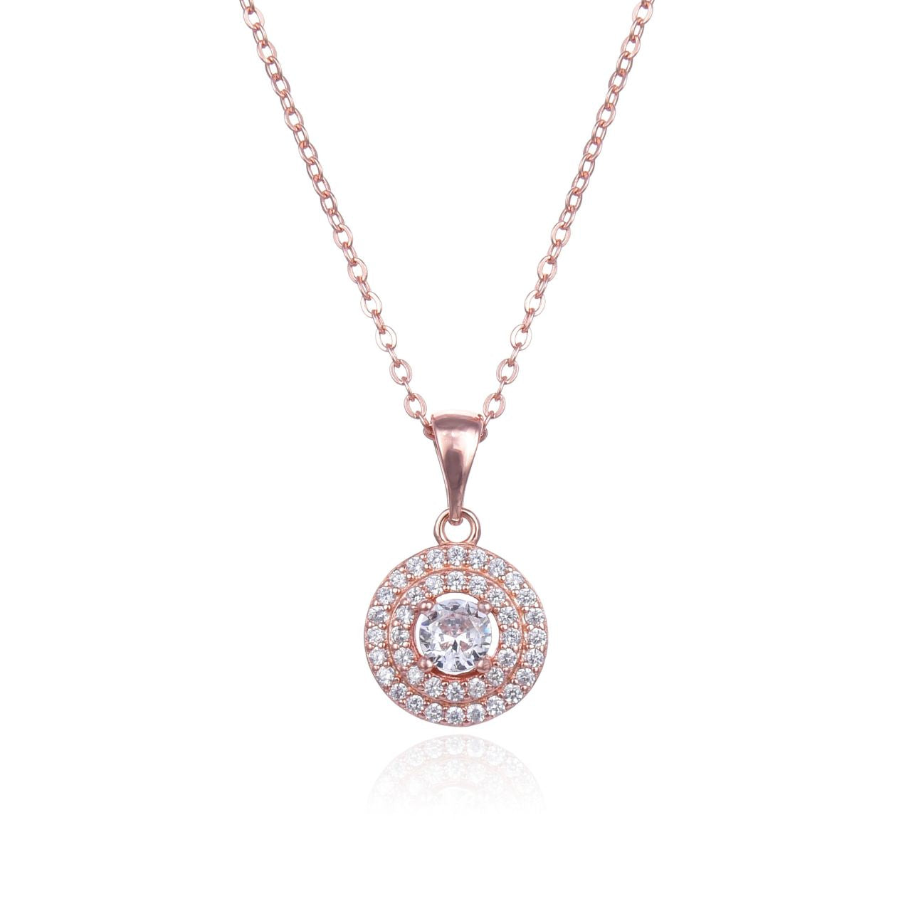 Rose Gold Double Halo Necklace  Rose gold plated sterling silver double halo necklace with cubic zirconia stones.