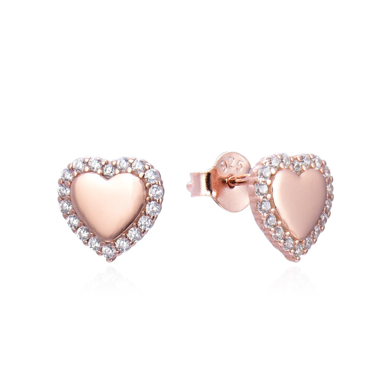 Kilkenny Silver Rose Gold Glistening Heart Stud Earrings  Rose gold plated sterling silver heart stud earrings with a cubic zirconia outline.