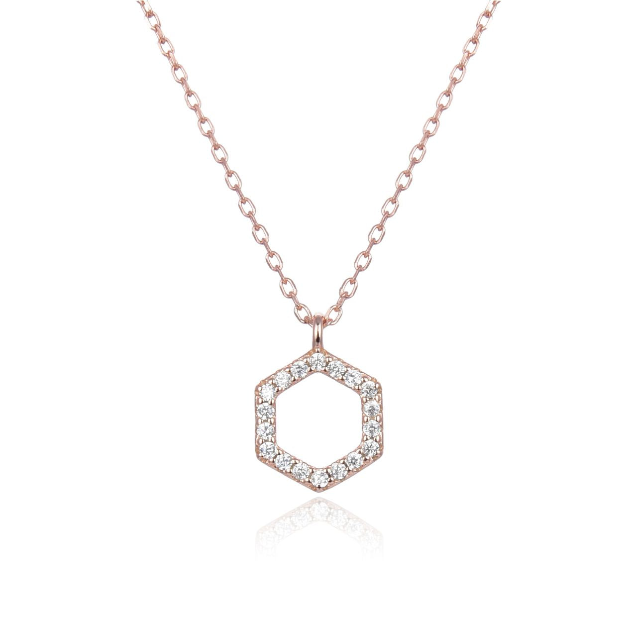 Rose Gold Hexagonal Necklace by Kilkenny Silver  Rose gold plated sterling silver hexagonal necklace with cubic zirconia stones.