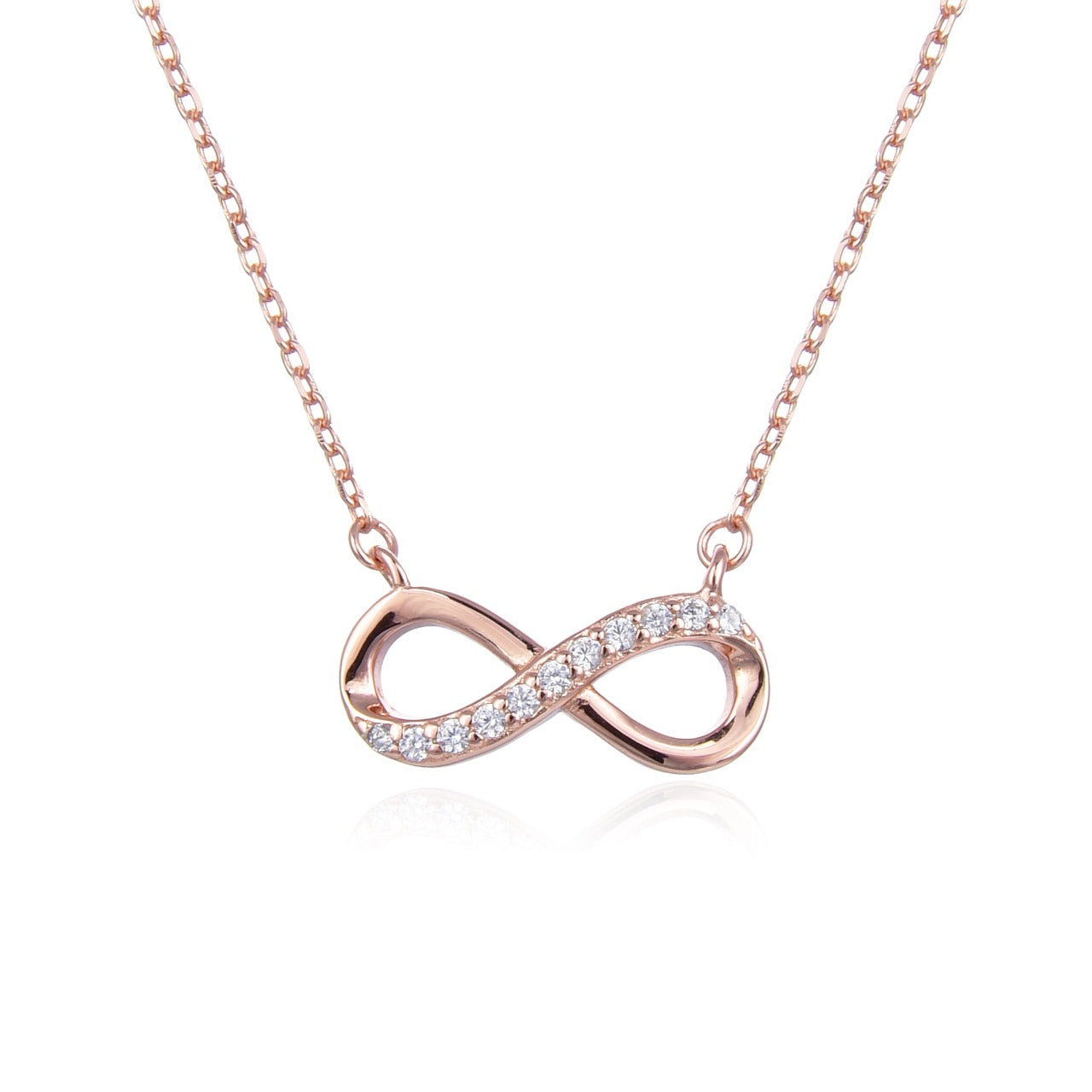 Rose Gold Infinity Necklace by Kilkenny Silver  Rose gold plated sterling silver infinity love necklace with cubic zirconia stones.