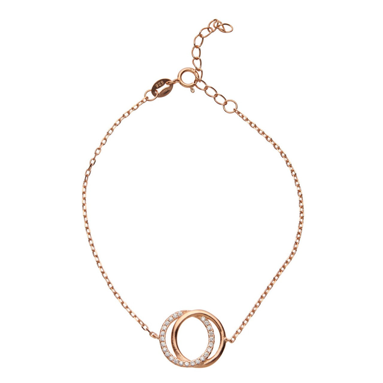 Rose Gold Interlocked Circle Bracelet by Kilkenny Silver   Sterling silver rose gold plated bracelet with clear colour cubic zirconia stones.