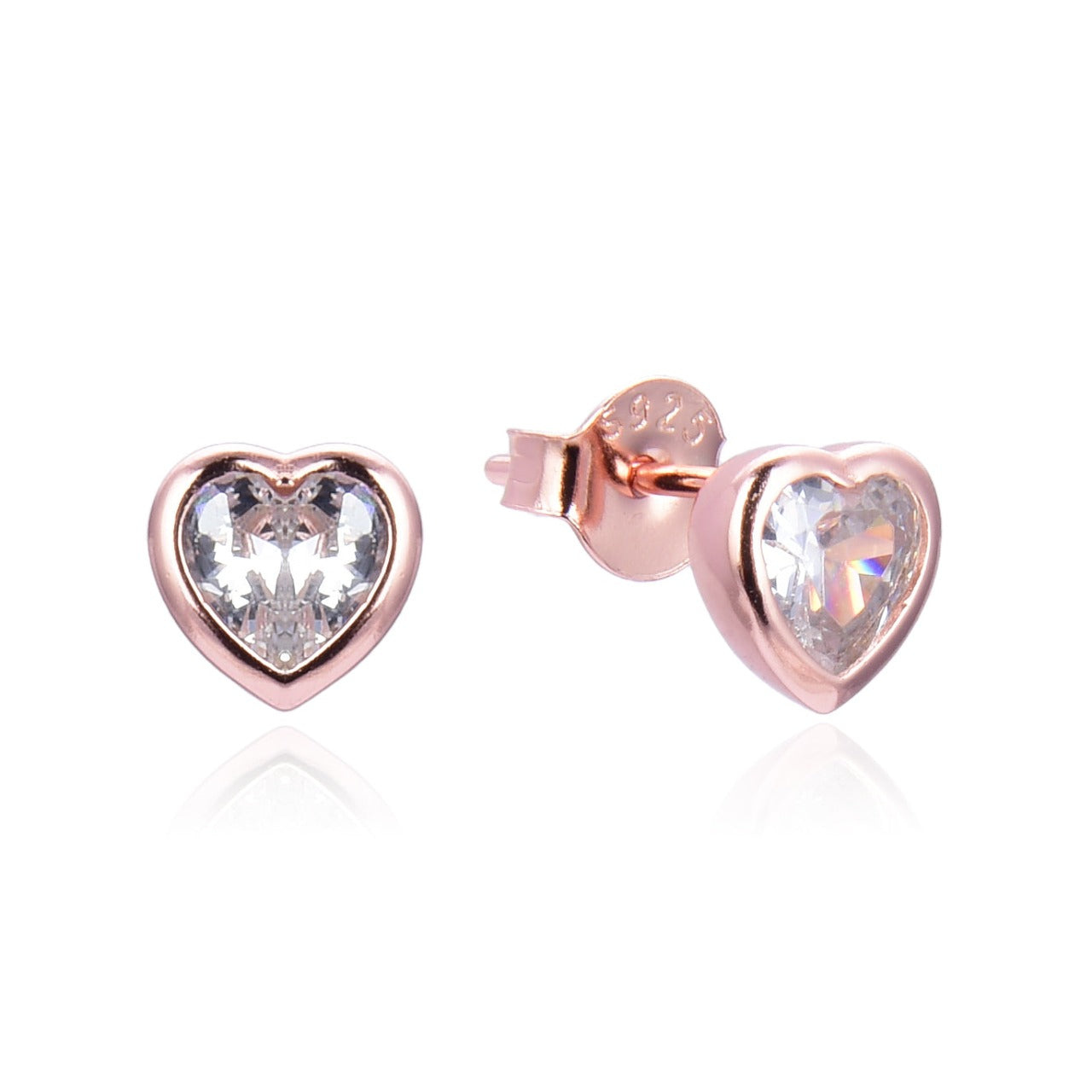 Rose Gold Love Heart Stud Earrings Kilkenny Silver     Rose gold plated sterling silver love heart stud earrings with cubic zirconia stones.