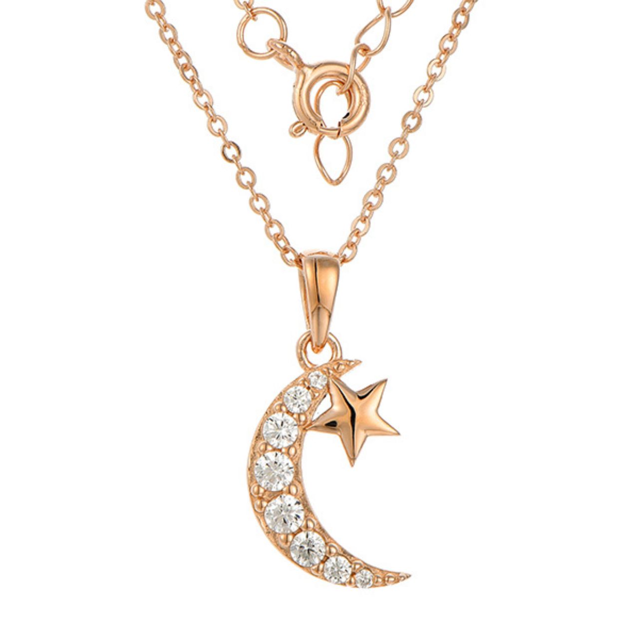 Rose Gold Moon and Star Necklace by Kilkenny Silver  Rose gold plated sterling silver moon and star stud necklace with clear coloured cubic zirconia stones.