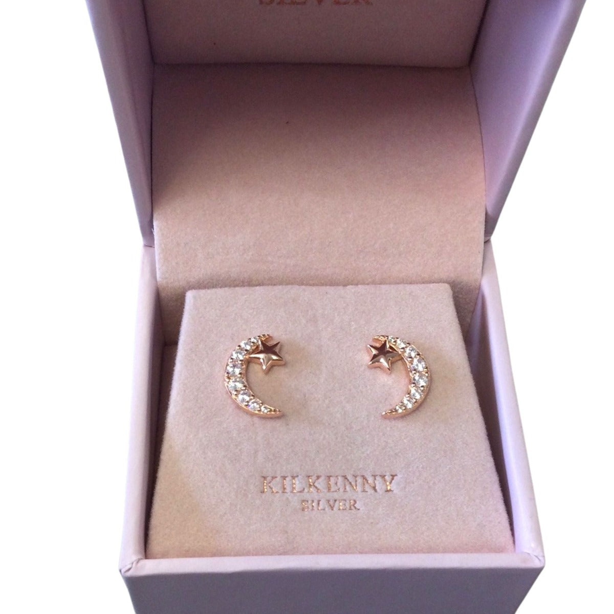 Rose Gold Moon And Stars Stud Earrings  Rose gold sterling silver moon and star stud earrings with clear coloured cubic zirconia stones.