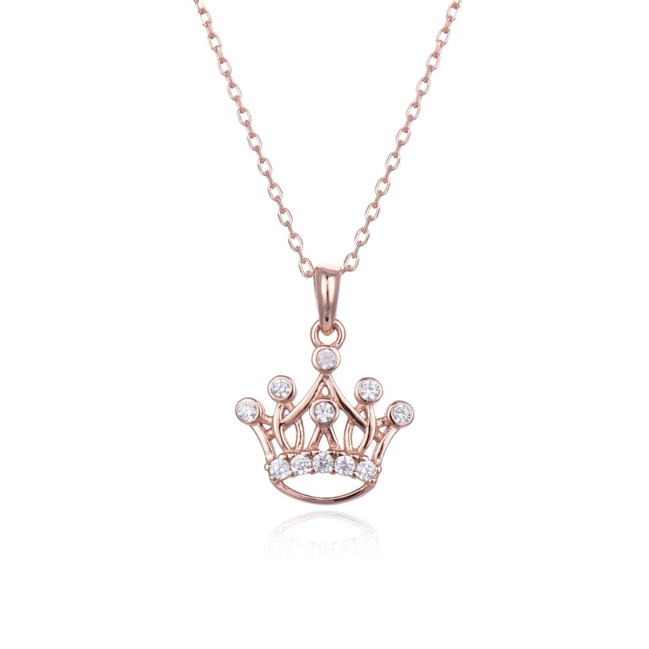 Rose Gold Jewelled Crown Necklace  Rose gold plated sterling silver crown necklace with cubic zirconia stones.