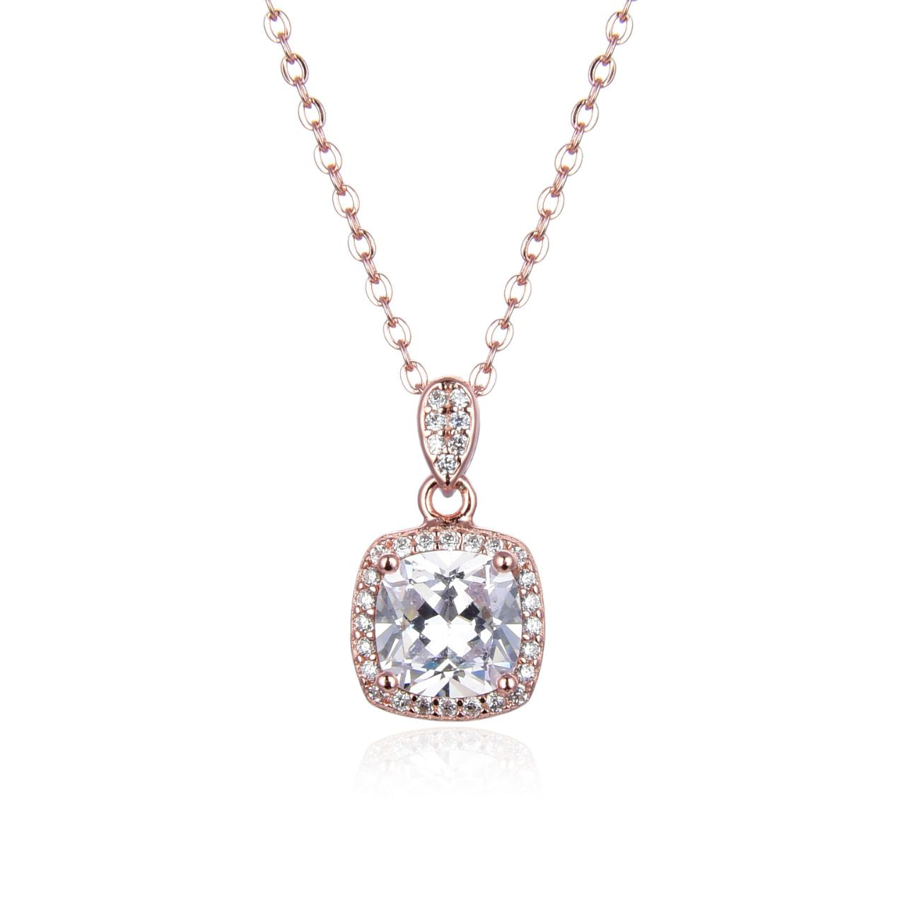 Rose Gold Square Diamante Necklace  Rose gold plated sterling silver square design necklace with cubic zirconia stones.