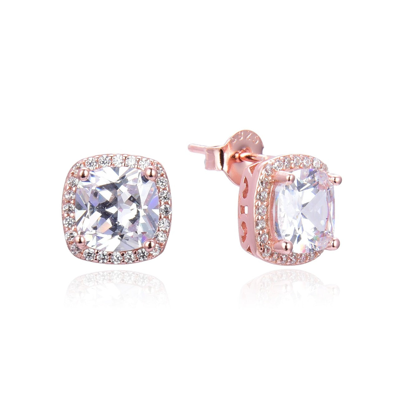 Kilkenny Silver Rose Gold  Square Halo Stud Earrings  Rose gold plated sterling silver square halo stud earrings with cubic zirconia stones.