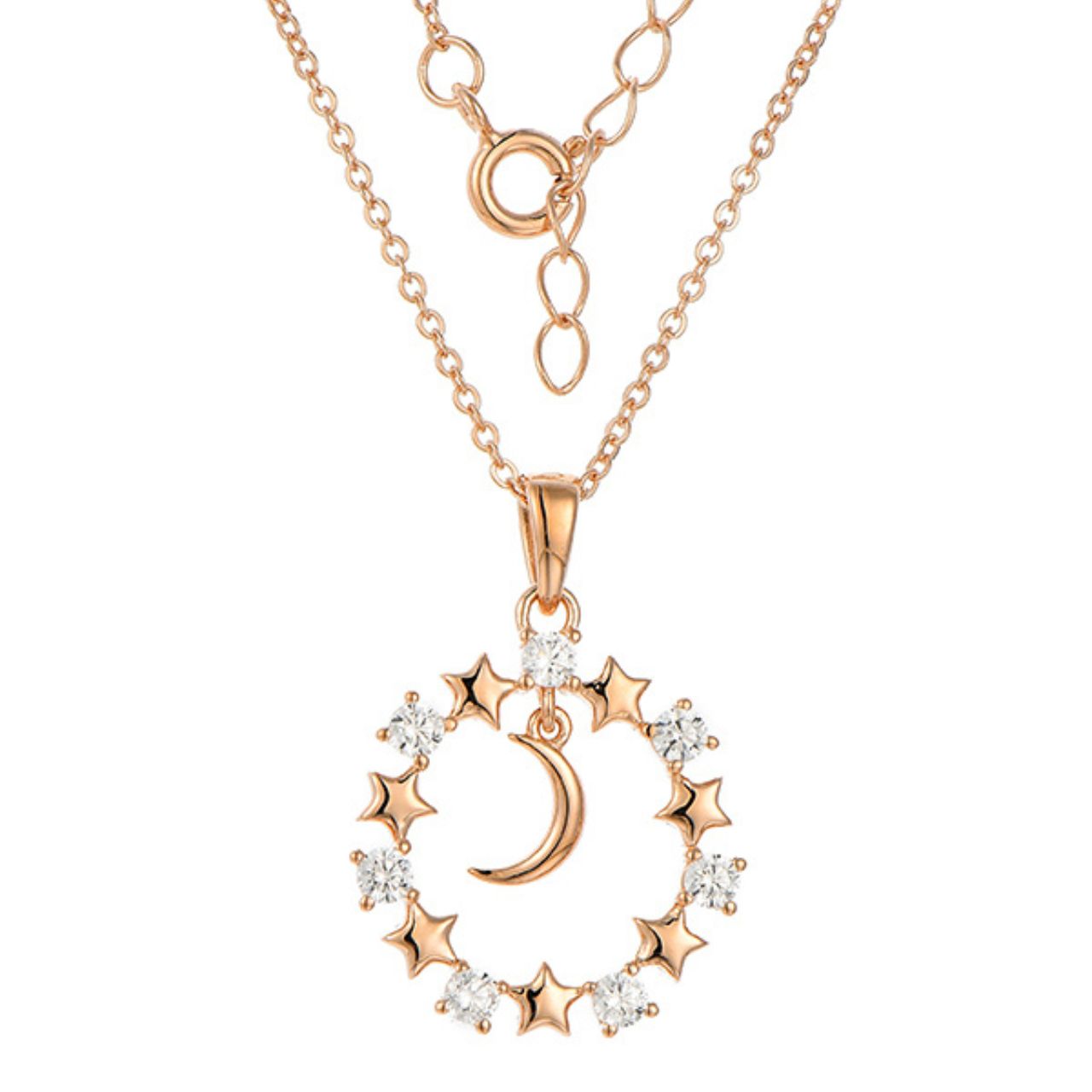 Rose Gold Starry Night Necklace by Kilkenny Silver  Sterling silver rose gold plated necklace with has a moon surrounded by stars and sparkly cubic zirconia to give starry night design.