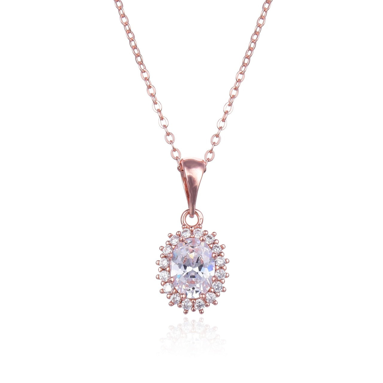 Rose Gold Oval Necklace by Kilkenny Silver   Rose gold plated sterling silver oval shaped necklace with cubic zirconia stones.