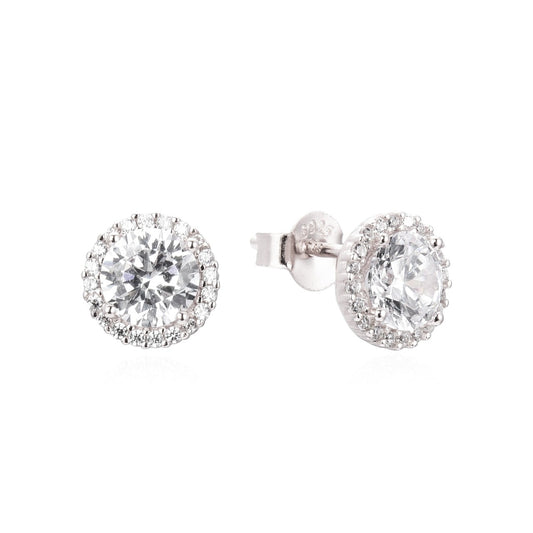 Kilkenny Silver Circular Halo CZ Stud Earrings  Circular halo stud earrings with cubic zirconia stones.