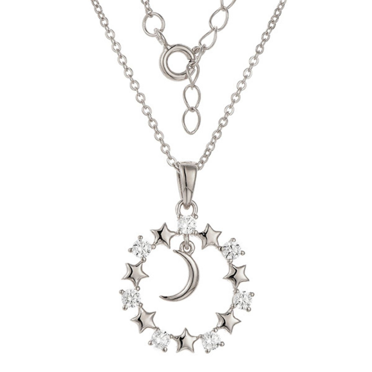 Silver Starry Night Necklace by Kilkenny Silver  Sterling silver necklace with has a moon surrounded by stars and sparkly cubic zirconia to give starry night design.