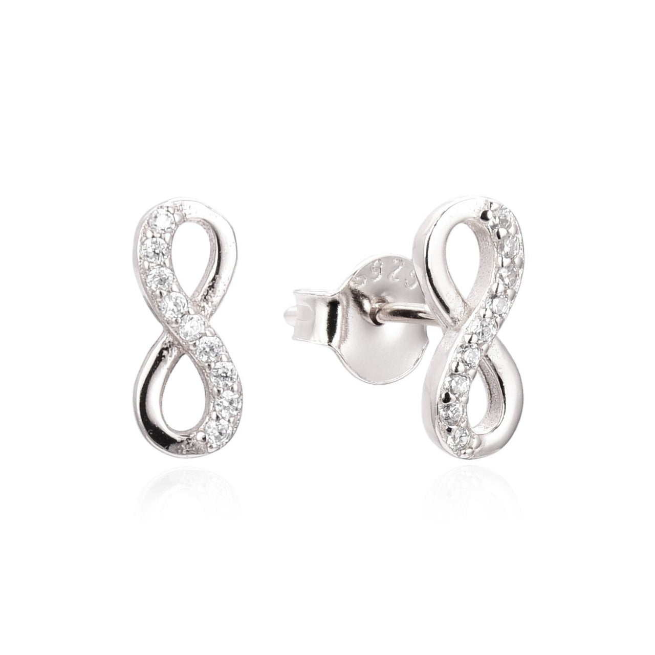 Silver Infinity Stud Earrings by Kilkenny Silver    Sterling silver infinity love stud earrings with cubic zirconia stones.