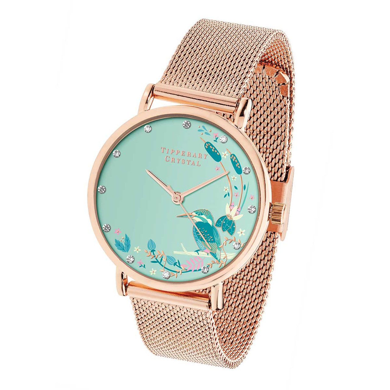 Tipperary Crystal Kingfisher Rose Gold Birdy Watch  The Birdy Collection is a vibrant collection of rose gold watches showcasing the Birdy designs. The watches feature an array of Irish garden birds in an enchanted garden setting, embellished with rose gold detailing and crystal insets.