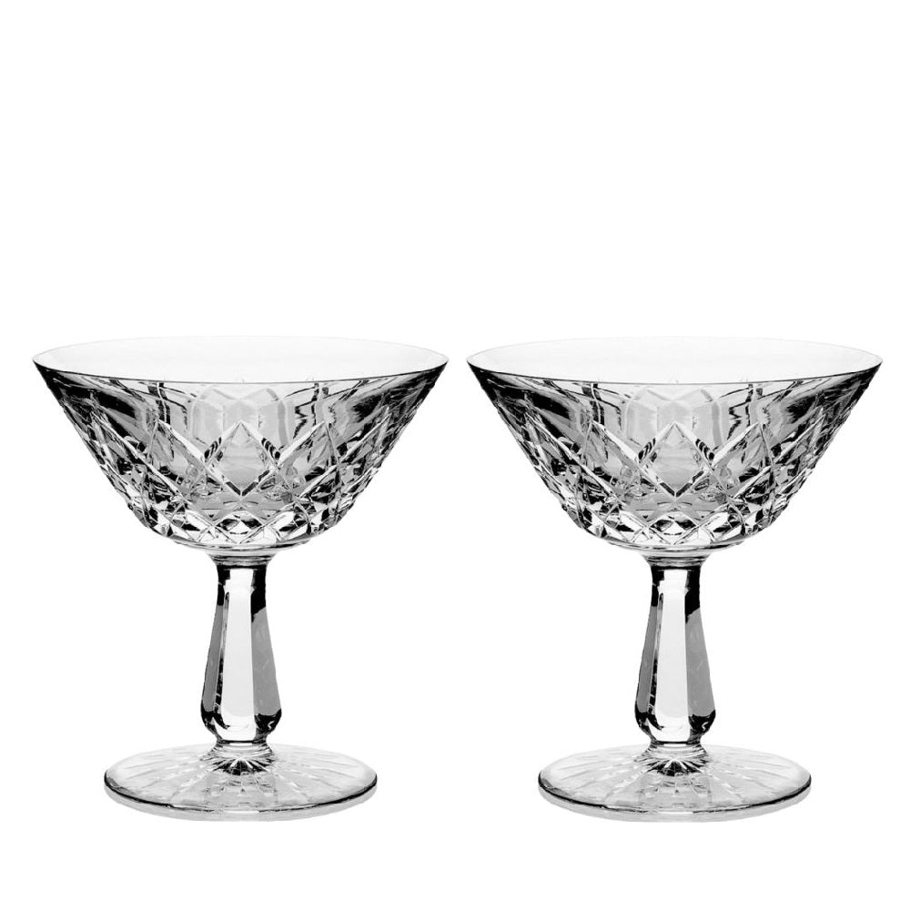 Waterford Crystal Kinsale Saucer Champagne Pair  Waterford Crystal Kinsale champagne coupe or low sherbet glass. This intricate diamond cuts to a clean delicate bowl, our martini glasses and cocktail glasses are crafted for enjoying a diverse range of Champagne or Cocktails.