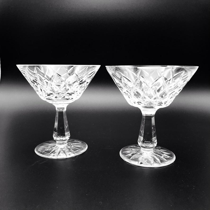 Waterford Crystal Kinsale Saucer Champagne Pair  Waterford Crystal Kinsale champagne coupe or low sherbet glass. This intricate diamond cuts to a clean delicate bowl, our martini glasses and cocktail glasses are crafted for enjoying a diverse range of Champagne or Cocktails.
