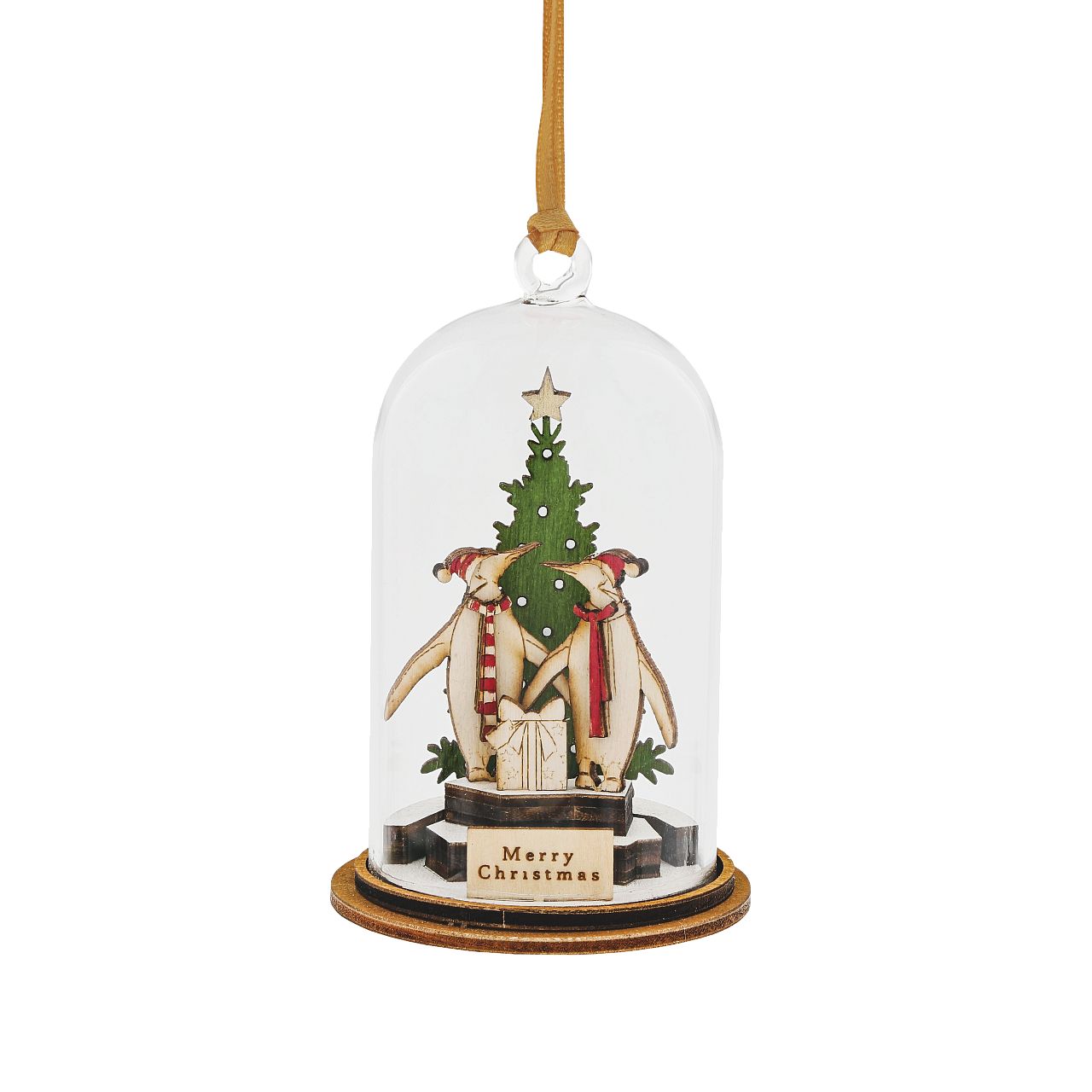 Kloche Merry Christmas Hanging Ornament  The Spirit of Christmas, a collection of delightful wooden decorations that capture the essence of that special time of the year. This glass dome, Christmas decoration encases a cute scene of penguins in their natural habitat.