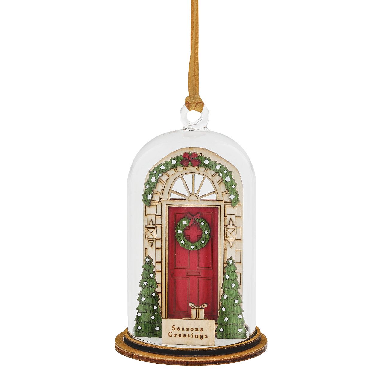Seasons Greetings Hanging Ornament - Kloche  The Spirit of Christmas. A collection of delightful wooden decorations that capture the essence of that special time of the year. This glass dome, Christmas decoration encases a beautifully decorated Christmas door with recognisable colours of Christmas and Santa's presents that he has left on the front door.