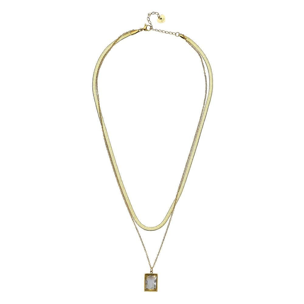 Aurora Layered Necklace   Beautiful layered necklace with flat snake chain & classic style crystal drop. Gold plating.