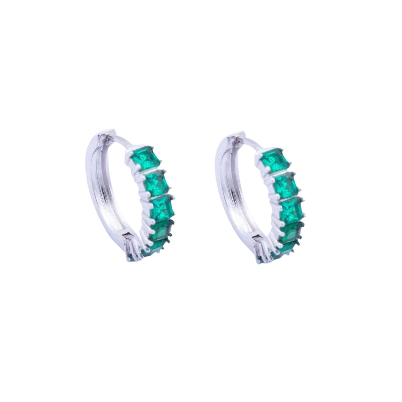 Knight & Day Classic Emerald Hoops Earrings   Classic style hoops embellished with emerald CZ stones. Rhodium plating.