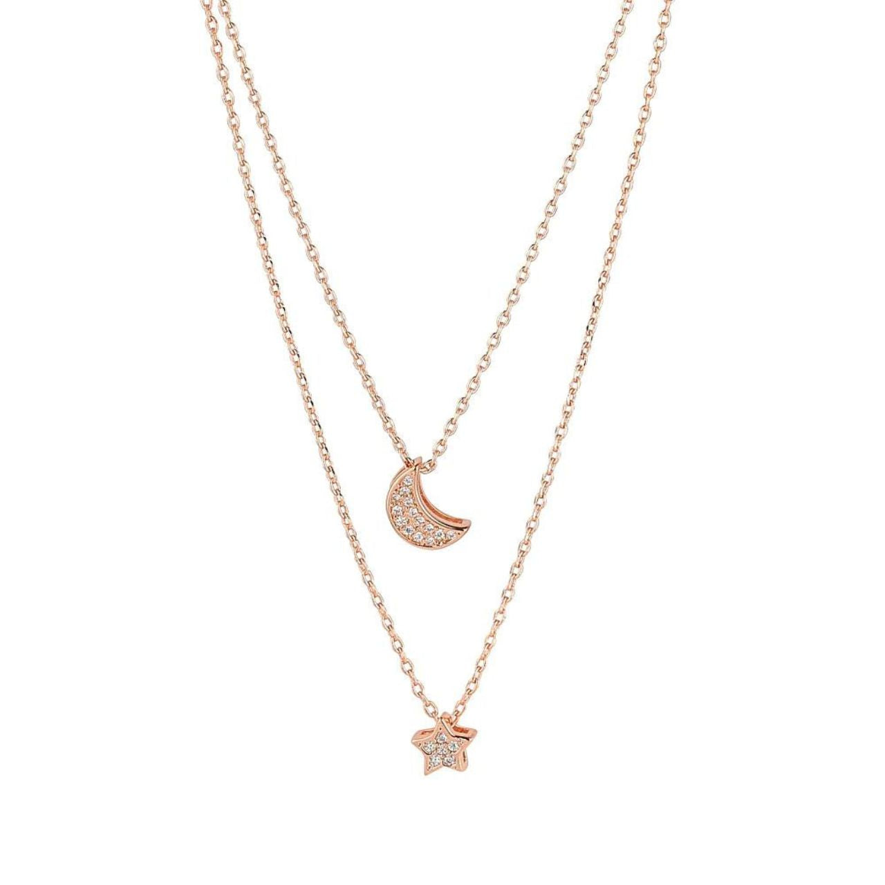 Knight & Day Duo Moon & Star Necklace  Set of two necklace with chains threaded through miniature star & moon shapes, embellished with CZ stones. Length 40 + 5cm. Rose gold plating.