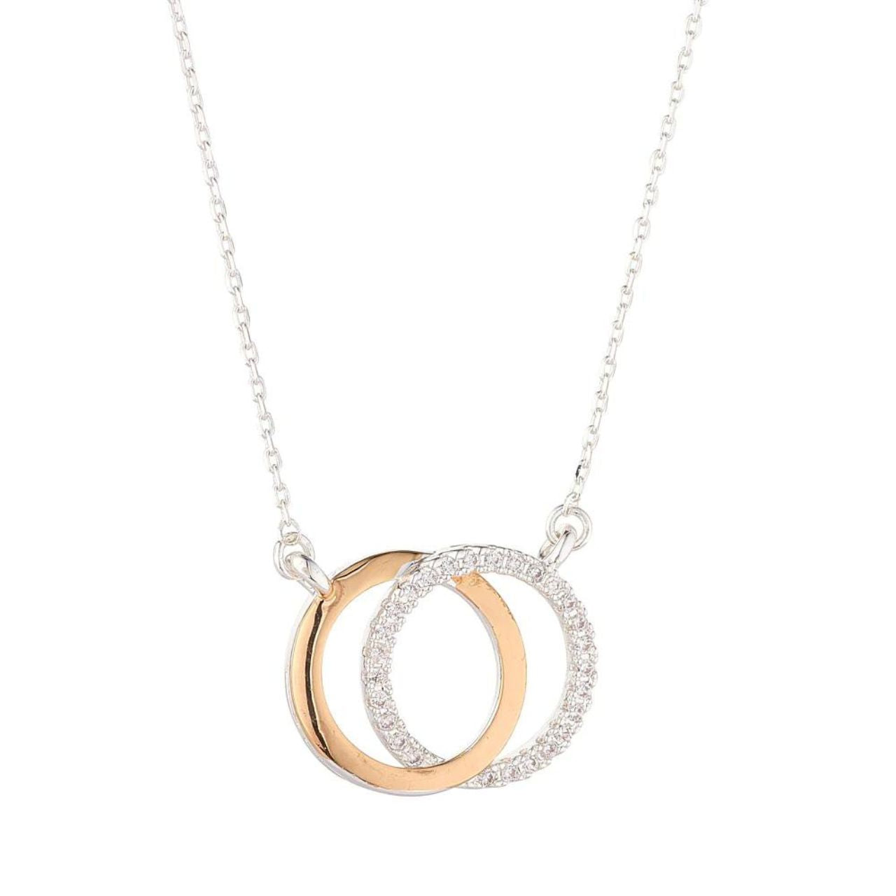 Silver & Gold Interlinking Circles Necklace Mixed Metal by Knight & Day  Silver & gold, interlinking circles necklace embellished with CZ stones in micro pavé setting.