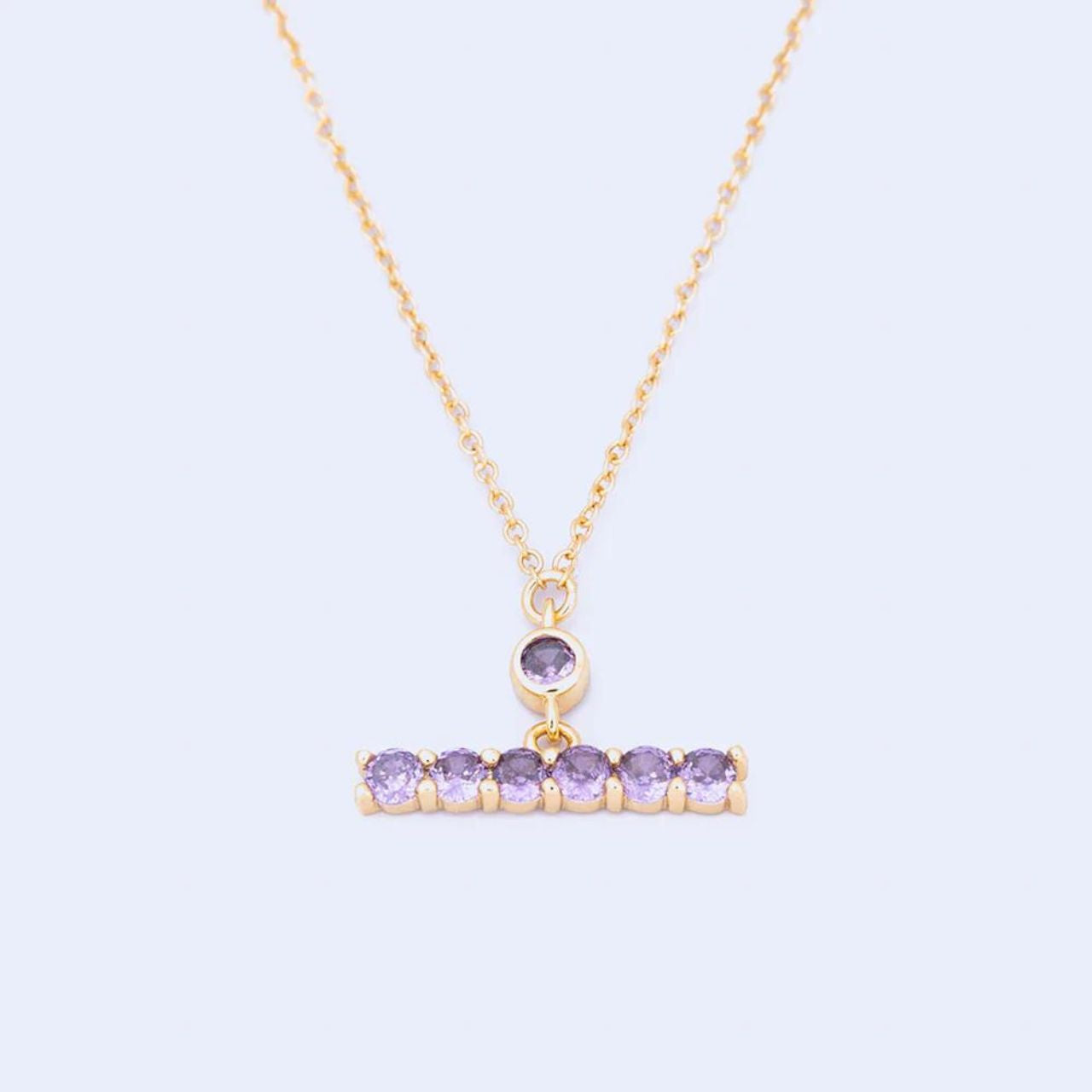 Knight & Day Amethyst T-Bar Necklace  T-Bar necklace embellished with amethyst CZ stones. Gold plating.  Length 42 + 5cm extension.