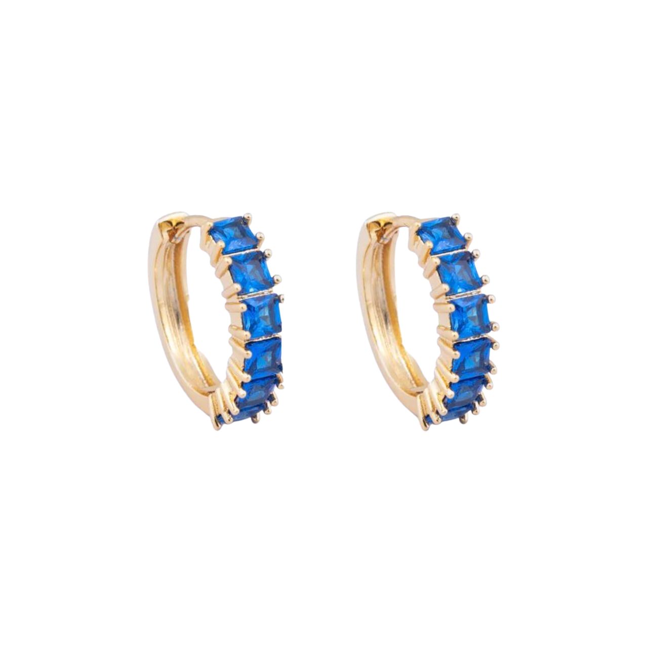 Knight & Day Classic Sapphire Hoops Earrings   Classic style hoops embellished with sapphire CZ stones. Gold plating.