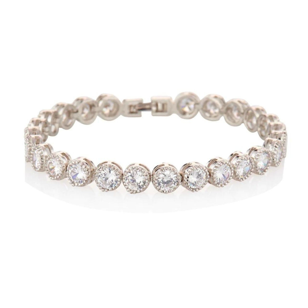 Danna Silver Plated Tennis Bracelet by Knight & Day  Beautiful rhodium plated tennis bracelet with CZ stones. Fold over clasp fastening.