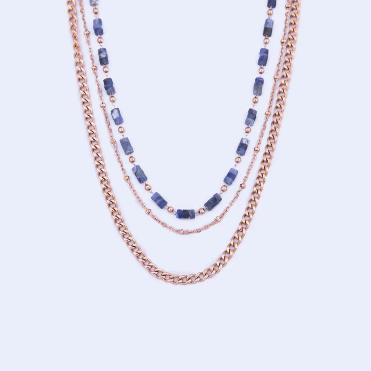 Layered Blue Sodalite Necklace by Knight & Day  Layered chain & Sodalite semi precious stone necklace.  Lengths 38/41/44 + 5cm extension. IP Rose gold plating.