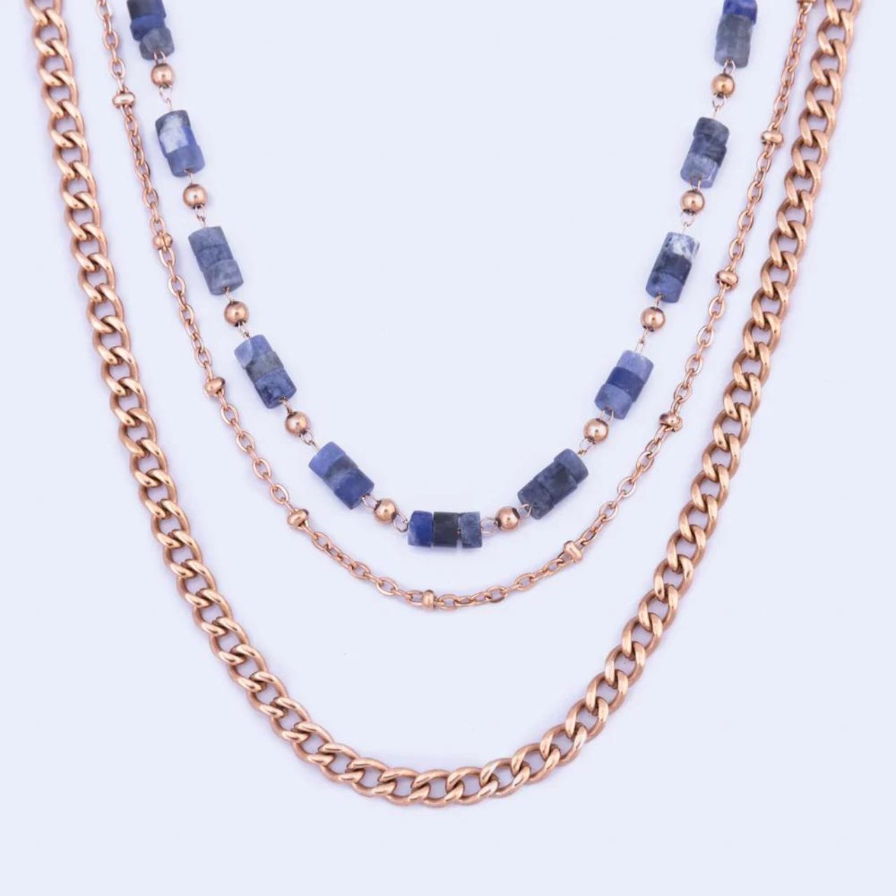 Layered Blue Sodalite Necklace by Knight & Day  Layered chain & Sodalite semi precious stone necklace.  Lengths 38/41/44 + 5cm extension. IP Rose gold plating.