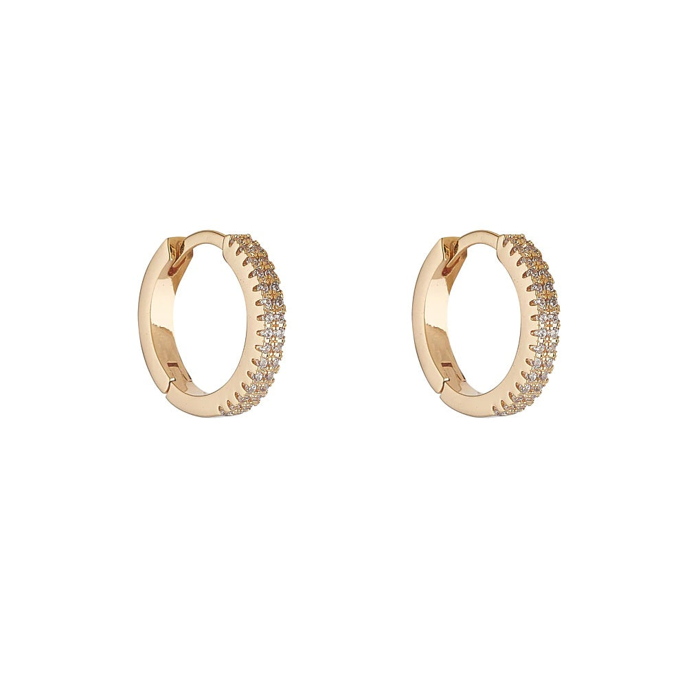 Knight & Day Nevaeh Gold Earrings Huggie style hoops (12mm) embellished with clear CZ stones.  Gold plating.