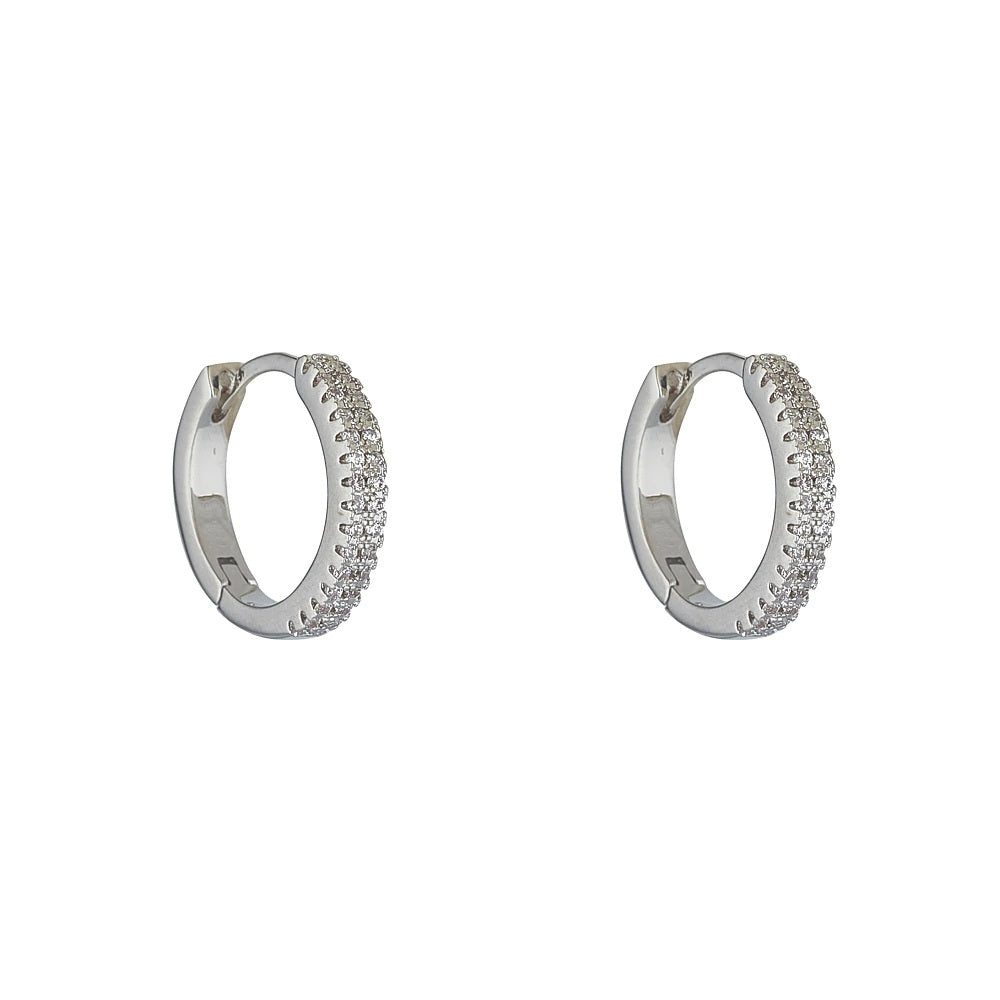 Knight & Day Nevaeh Rhodium Earrings Huggie style hoops (12mm) embellished with clear CZ stones.  Rhodium plating.