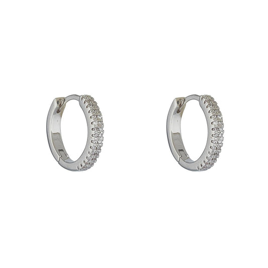 Knight & Day Nevaeh Rhodium Earrings Huggie style hoops (12mm) embellished with clear CZ stones.  Rhodium plating.