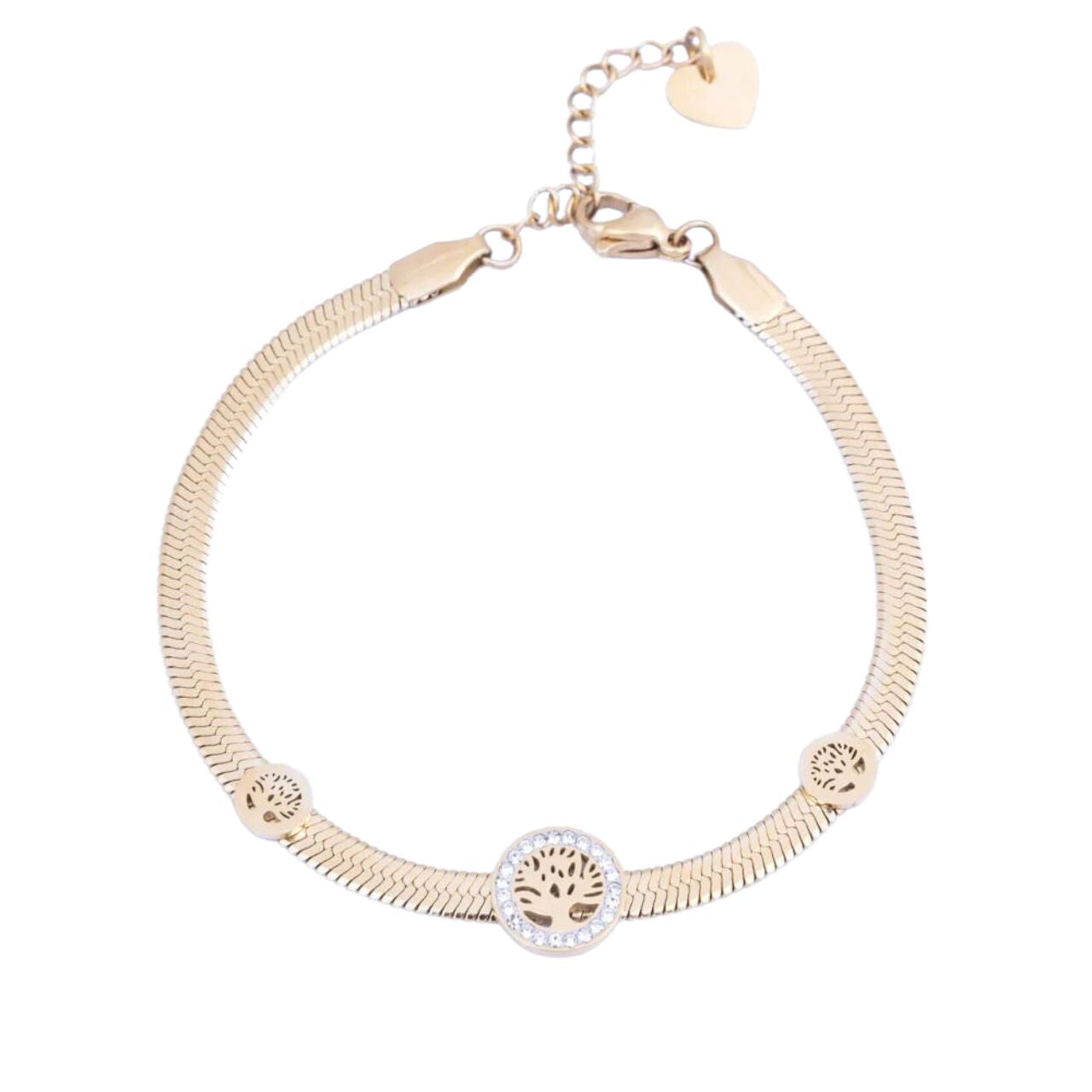 Knight & Day Yellow Gold Tree of Life Bracelet  Flat snake chain bracelet embellished with Tree of Life Charms. Lobster claw fastening.  14k gold plating.