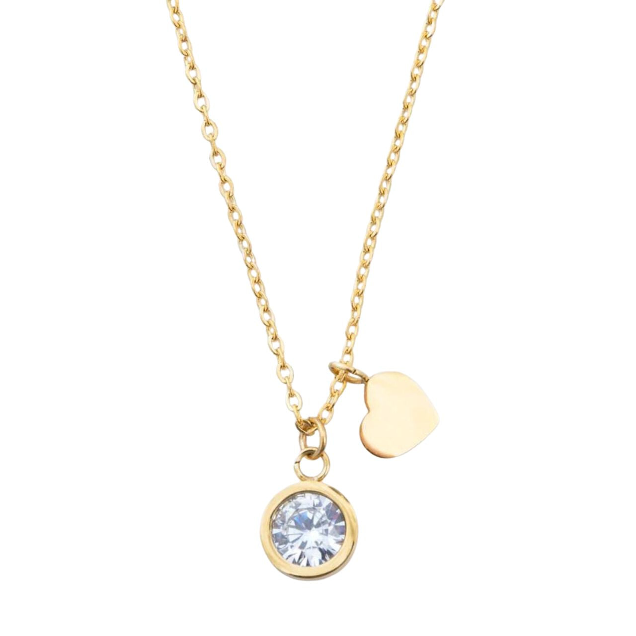 Solitaire Pendant by Knight & Day  Beautiful solitaire with simple heart charm.  Length 41 + 5cm extension. Gold plating.