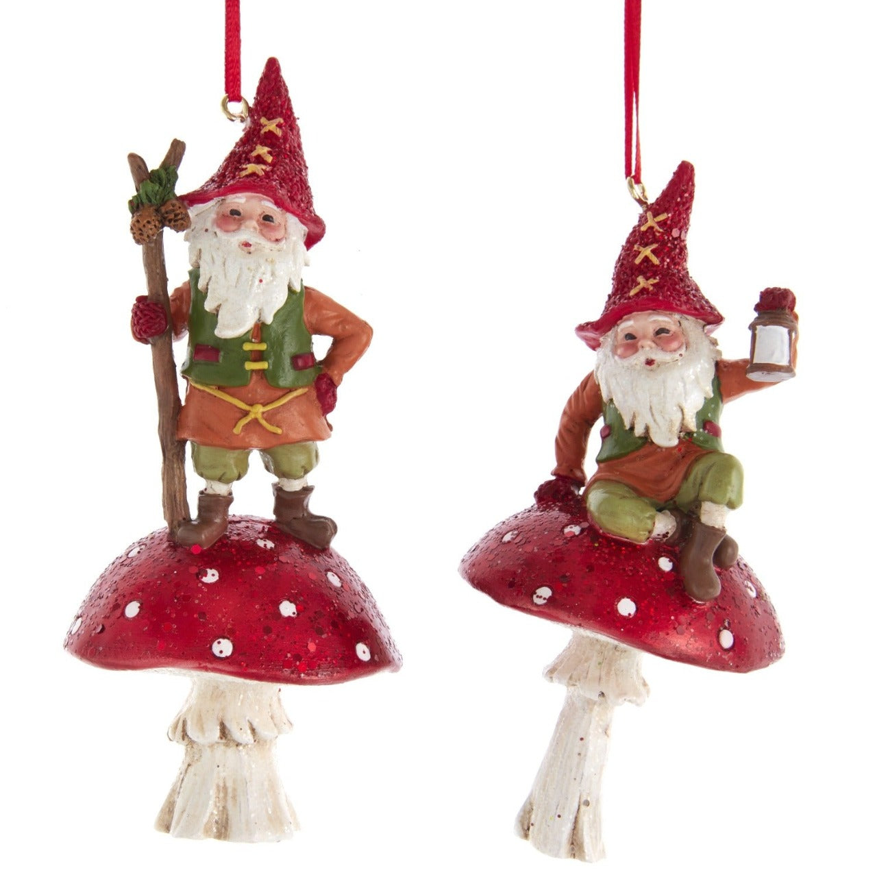 Kurt S Adler Christmas Gnome On Mushroom Ornaments - Standing