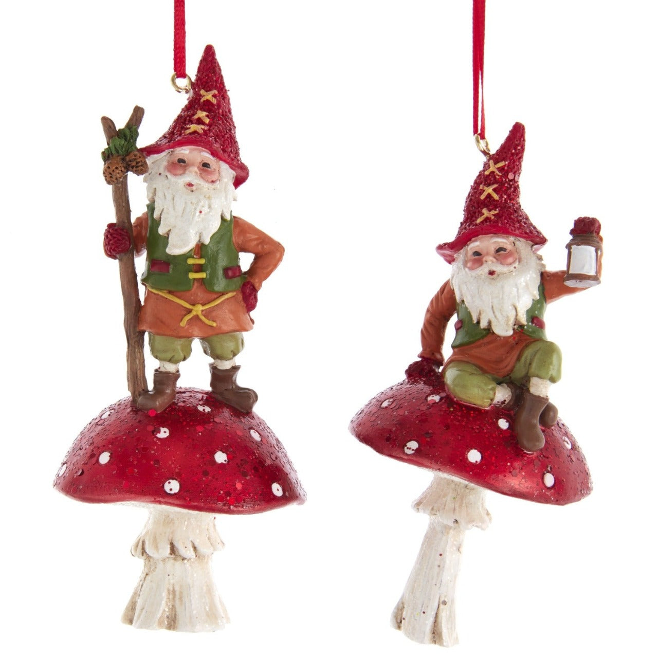 Kurt S Adler Christmas Gnome On Mushroom Ornaments - Sitting