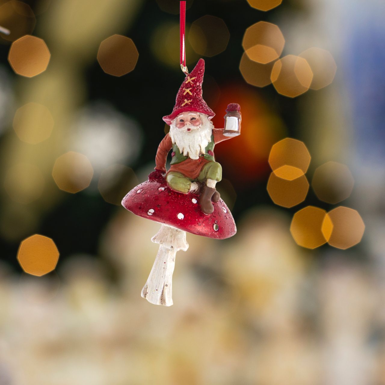 Christmas Gnome On Mushroom Ornaments - Sitting