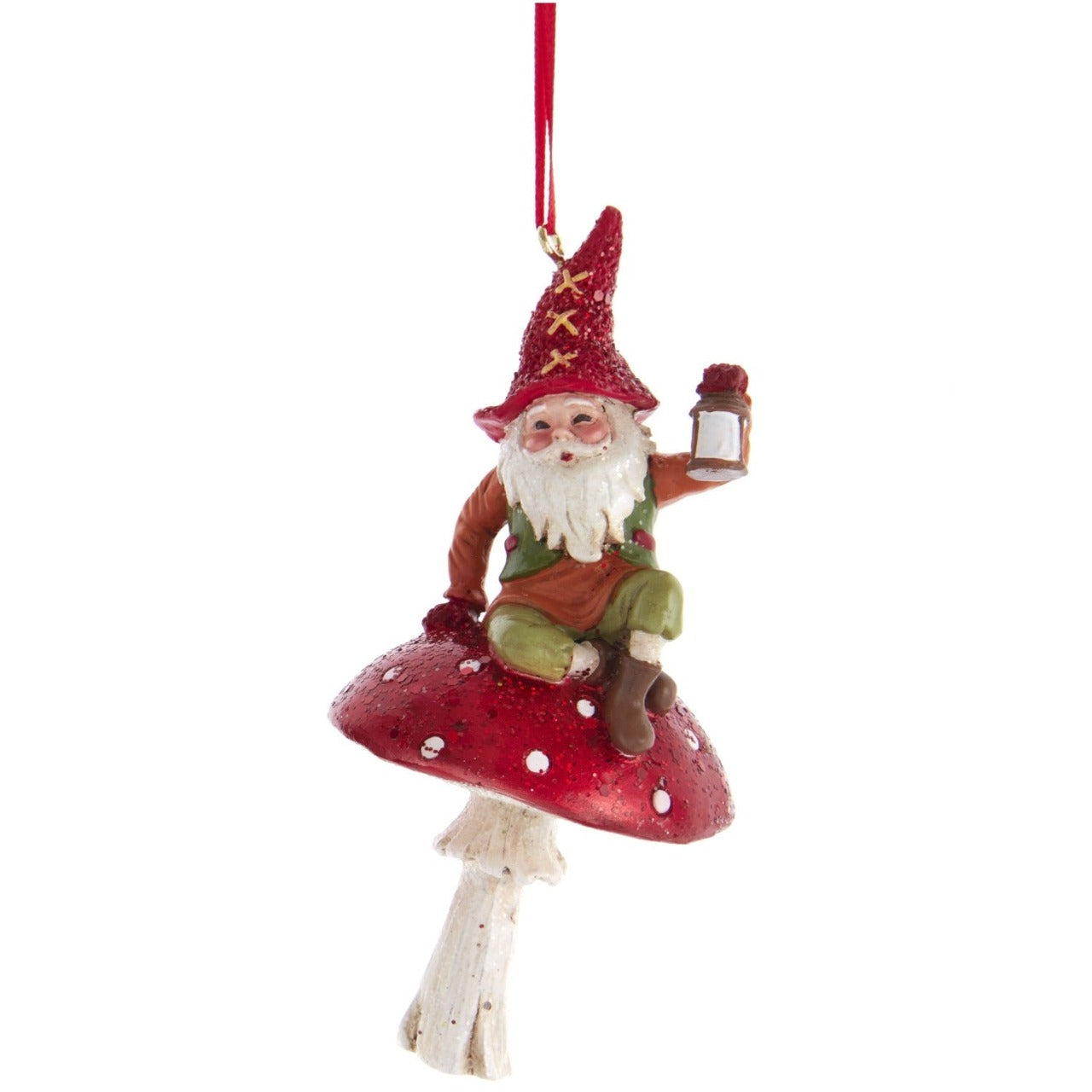 Kurt S Adler Christmas Gnome On Mushroom Ornaments - Sitting
