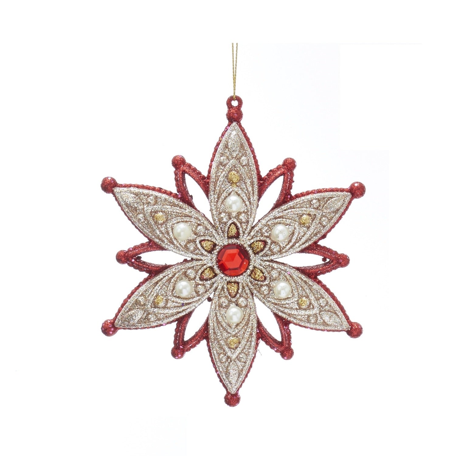 Kurt S Adler Christmas Snowflake Ornament Platinum & Ruby