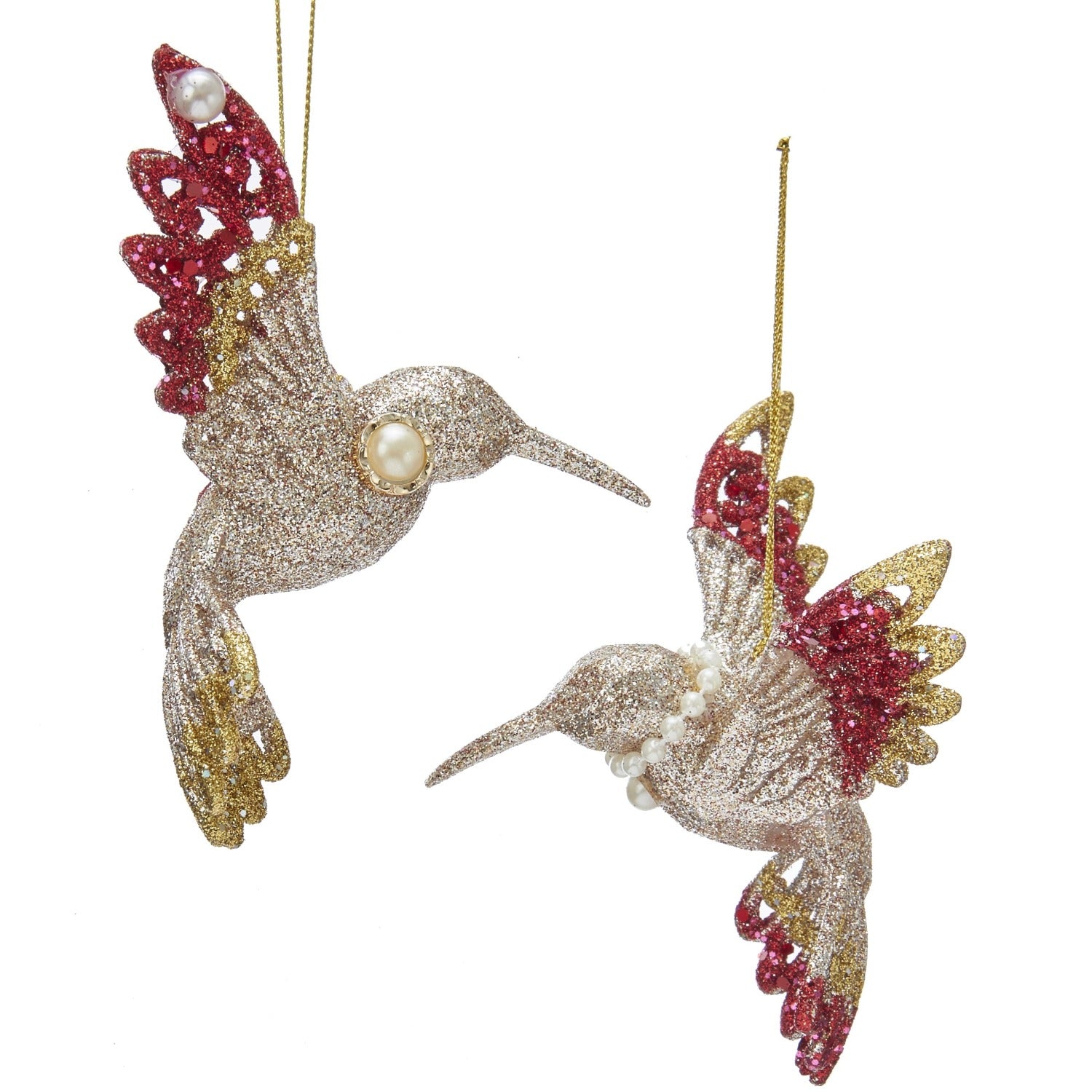Kurt S Adler Ruby and Platinum Hummingbird Ornaments - Pearl Stud