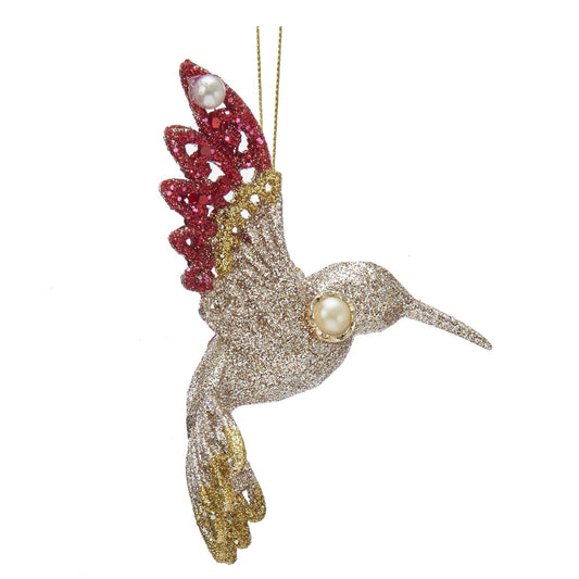 Kurt S Adler Ruby and Platinum Hummingbird Ornaments - Pearl Stud