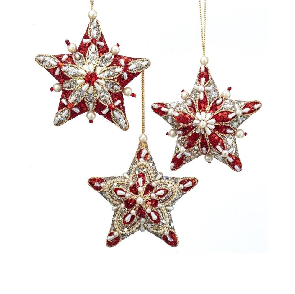 Kurt S Adler Ruby Platinum Christmas Star Hanging Ornament - Gold  Ruby and platinum hanging star ornaments from Kurt Adler are the perfect addition to your holiday décor or Christmas tree. The star shaped ornaments feature an intricate design created with pearls, beads, glitter and mica.