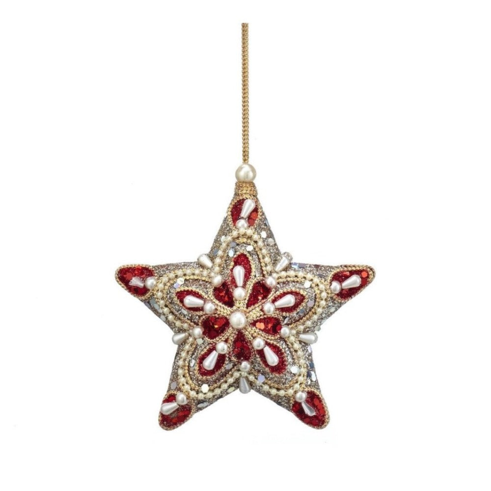 Kurt S Adler Ruby Platinum Christmas Star Hanging Ornament - Gold  Ruby and platinum hanging star ornaments from Kurt Adler are the perfect addition to your holiday décor or Christmas tree. The star shaped ornaments feature an intricate design created with pearls, beads, glitter and mica.