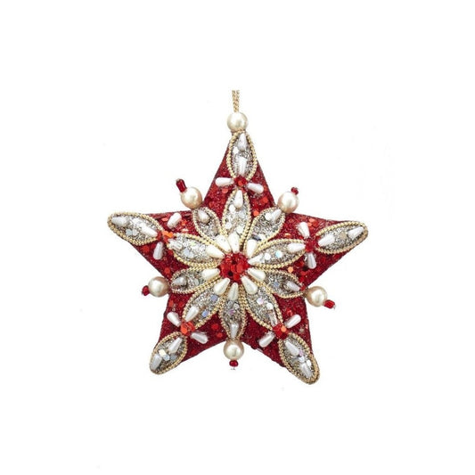 Kurt S Adler Ruby Platinum Christmas Star Hanging Ornament - Red  Ruby and platinum hanging star ornaments from Kurt Adler are the perfect addition to your holiday décor or Christmas tree. The star shaped ornaments feature an intricate design created with pearls, beads, glitter and mica.