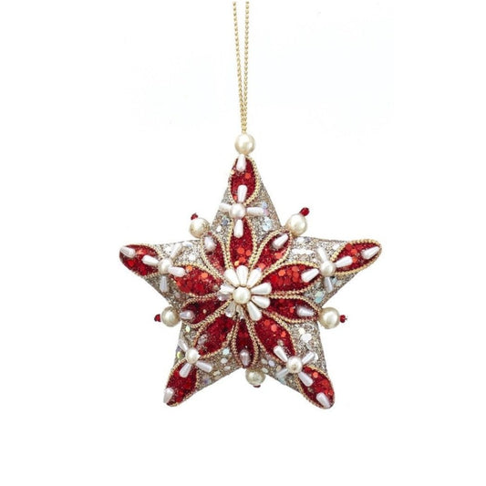 Kurt S Adler Ruby Platinum Christmas Star Hanging Ornament - Silver  Ruby and platinum hanging star ornaments from Kurt Adler are the perfect addition to your holiday décor or Christmas tree. The star shaped ornaments feature an intricate design created with pearls, beads, glitter and mica.